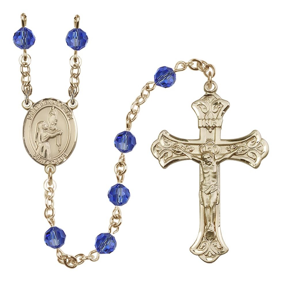 14k Gold-Filled 6mm Austrian Crystal Saint Bernadette Rosary - 6mm Austrial Crystal in September Blue