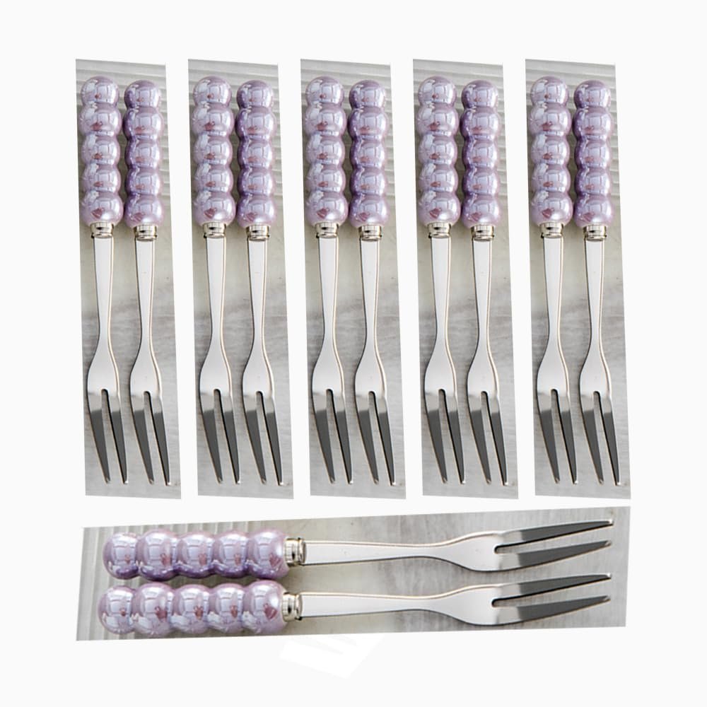 12 Pieces Pearl Fruit Fork Set for 12 People, Creative Dazzling Ceramic Storage Jar Household Stainless Steel Fork Fruit Fork Jar (No cans,Purple)
