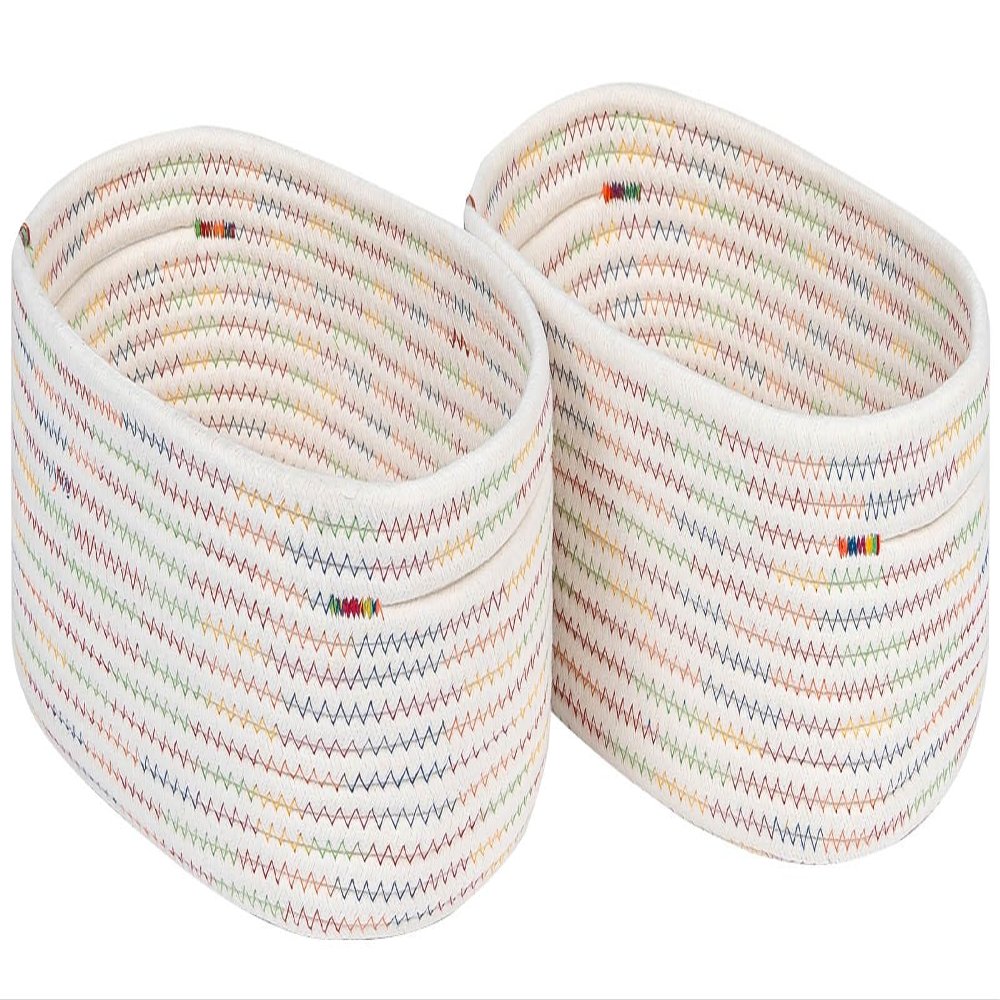 CubesLand Small Woven Baskets,Cute Baskets or Shelf Set 2,Cube Organizer Basket Bin,Soft Toys Storage Basket,Baby Nursery Basket Bin,Home Decor 12"D x 8"W x 5"H Rainbow Stitches