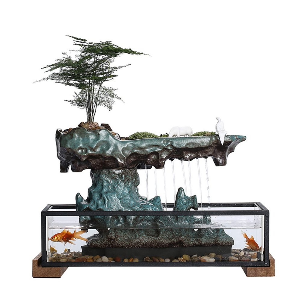 BANLICALI Tabletop Fountain, Ceramics Fountain Waterfall with Glass Jar and Rockery, Tabletop Feng Shui Landscape Decor, Water Fountain Indoor for Study Living Room Office 110V