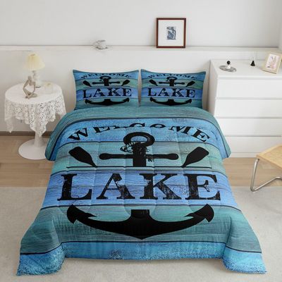 Jejeloiu Lake Comforter Set for Kids Boys Girls - Twin Size Anchor Bedding Set - Nautical Themed Blue Black Duvet Quilt Set for Lake House Bedroom Decor