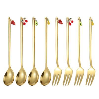 AMNGYOOK 8PCS Fruit Dessert Spoon And Fork, Stainless Steel Fork and Spoons With Fruit Pendant For Desserts Cake Fruits Coffee (Gold 4 Spoons+4 Forks)