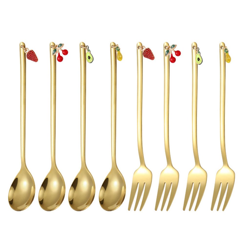 AMNGYOOK 8PCS Fruit Dessert Spoon And Fork, Stainless Steel Fork and Spoons With Fruit Pendant For Desserts Cake Fruits Coffee (Gold 4 Spoons+4 Forks)