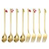 AMNGYOOK 8PCS Fruit Dessert Spoon And Fork, Stainless Steel Fork and Spoons With Fruit Pendant For Desserts Cake Fruits Coffee (Gold 4 Spoons+4 Forks) view 1