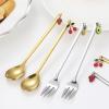 AMNGYOOK 8PCS Fruit Dessert Spoon And Fork, Stainless Steel Fork and Spoons With Fruit Pendant For Desserts Cake Fruits Coffee (Gold 4 Spoons+4 Forks) view 4