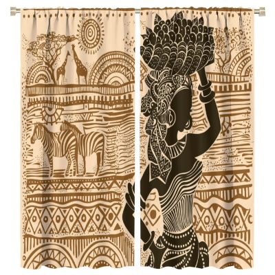 African Curtains Silhouette Beautiful Black Woman African Animals Zebra Giraffe Brown Rod Pocket Blackout Window Drape for Living Room Bedroom Bathroom 63x63in