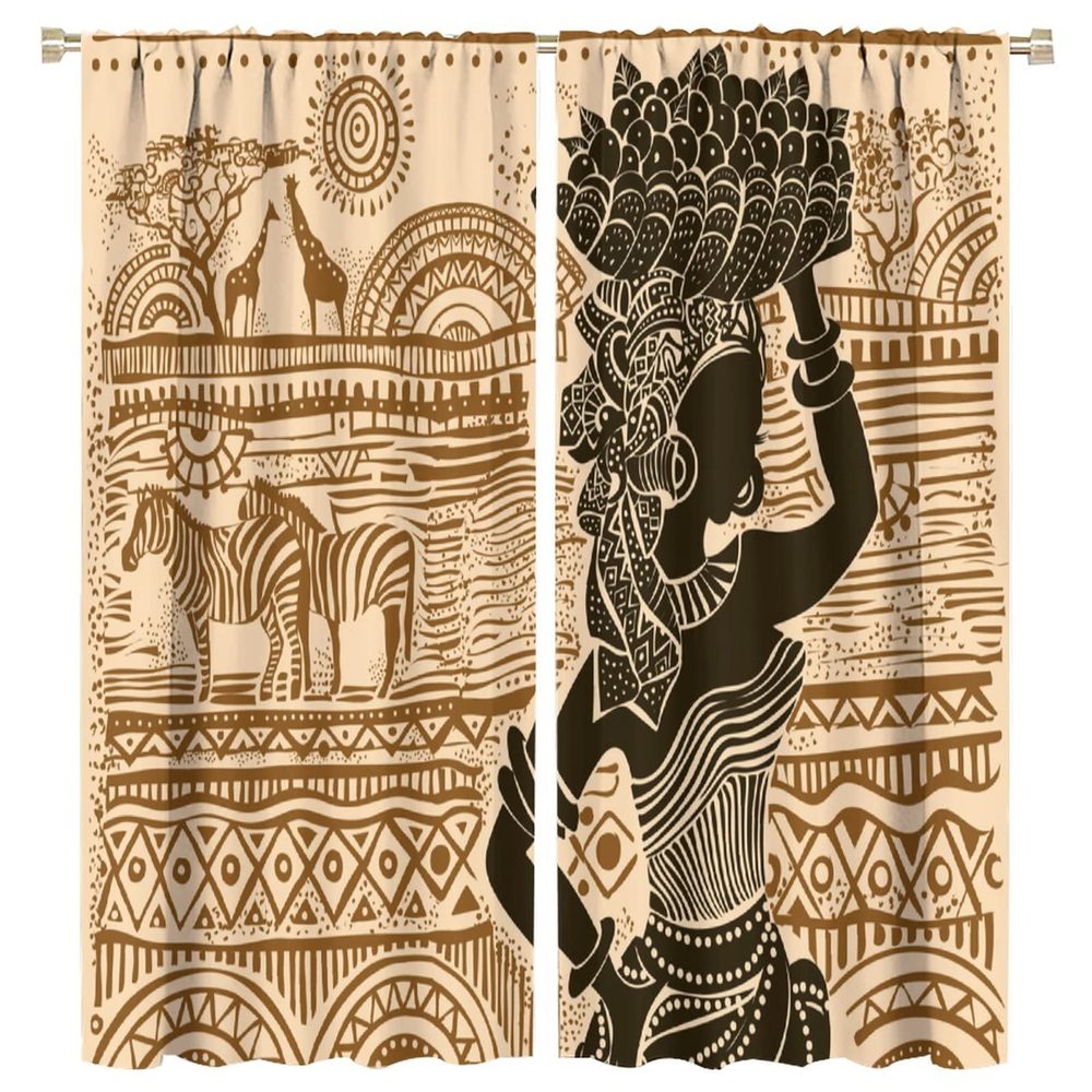 African Curtains Silhouette Beautiful Black Woman African Animals Zebra Giraffe Brown Rod Pocket Blackout Window Drape for Living Room Bedroom Bathroom 63x63in