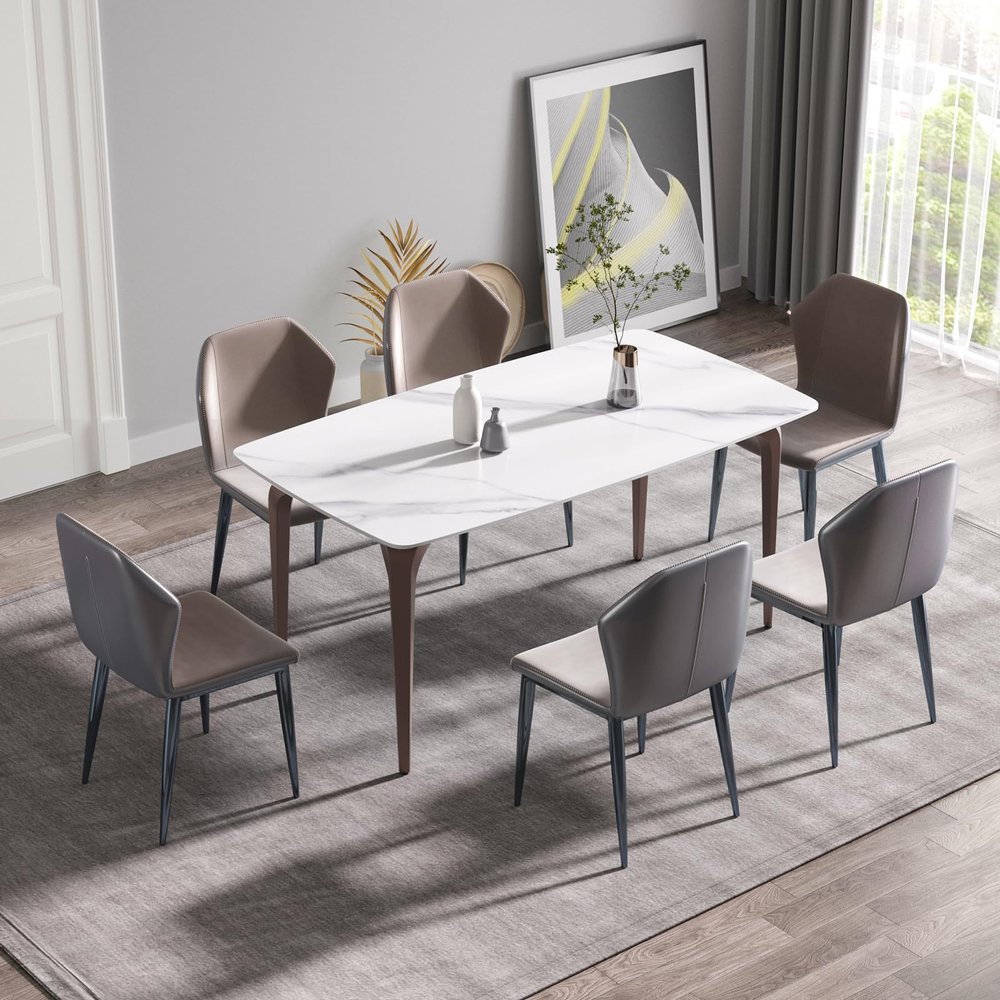 63" White Dining Table with Sintered Stone Tabletop, Modern Kitchen Table with 4 Pink Metal Legs Boat Shaped Dining Room Table for 4-6, for Home, Living Room, Dining Room, Office(Not Include Chair)