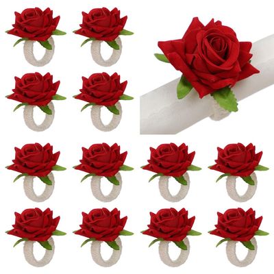 12 PCS Red Rose Napkin Rings for Wedding Anniversary, Handcraft Floral Napkin Holder Table Decor for Thanksgiving Easter Christmas Wedding Table Decor