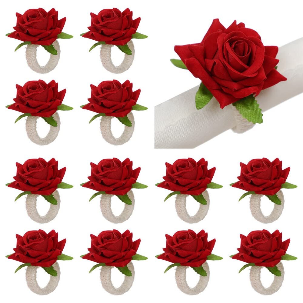 12 PCS Red Rose Napkin Rings for Wedding Anniversary, Handcraft Floral Napkin Holder Table Decor for Thanksgiving Easter Christmas Wedding Table Decor