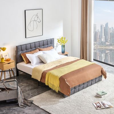Anwick Modern Upholstered Platform Bed with Adjustable Headboard, King Size Bed Frame, Heavy Duty Button Tech Cloth Bed Frame with Wood Slat Support, Easy Assembly, No Box Spring Needed (Grey, King)