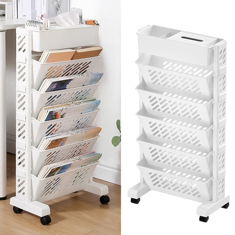 Syrisora Bookshelf Movable Bookshelf Large Capacity Rotatable Removable Plastic Practical Rolling Organization Shelf (6 Layer)