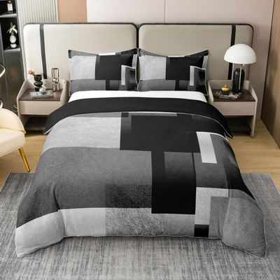 jejeloiu Geometric Duvet Cover 100% Cotton King Size Grey Black Buffalo Check Bedding 100% Cotton Set Geometric Comforter Cover Set Women Men Ultra Soft Decor Modern Art Bedspread Cover Zipper Closure