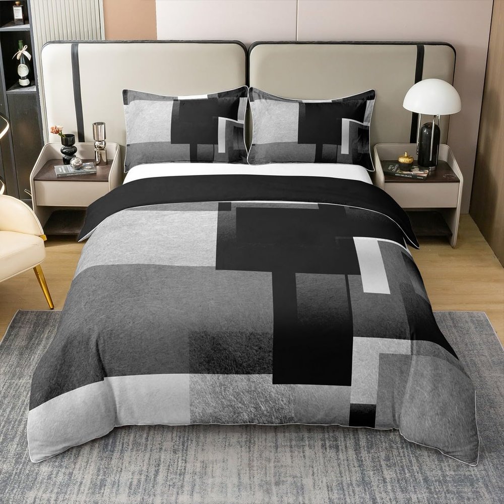 jejeloiu Geometric Duvet Cover 100% Cotton King Size Grey Black Buffalo Check Bedding 100% Cotton Set Geometric Comforter Cover Set Women Men Ultra Soft Decor Modern Art Bedspread Cover Zipper Closure