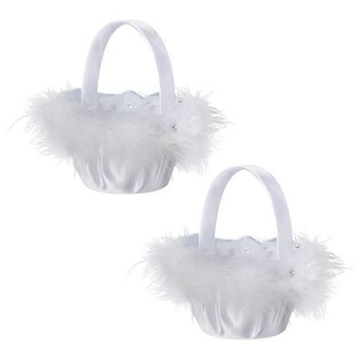 Flower Girl Baskets for Wedding, 2 Pack Wedding Flower Baskets for Girls, White Artificial Pearls Rhinestones Bowkot Lace Wedding Baskets for Flower Girls