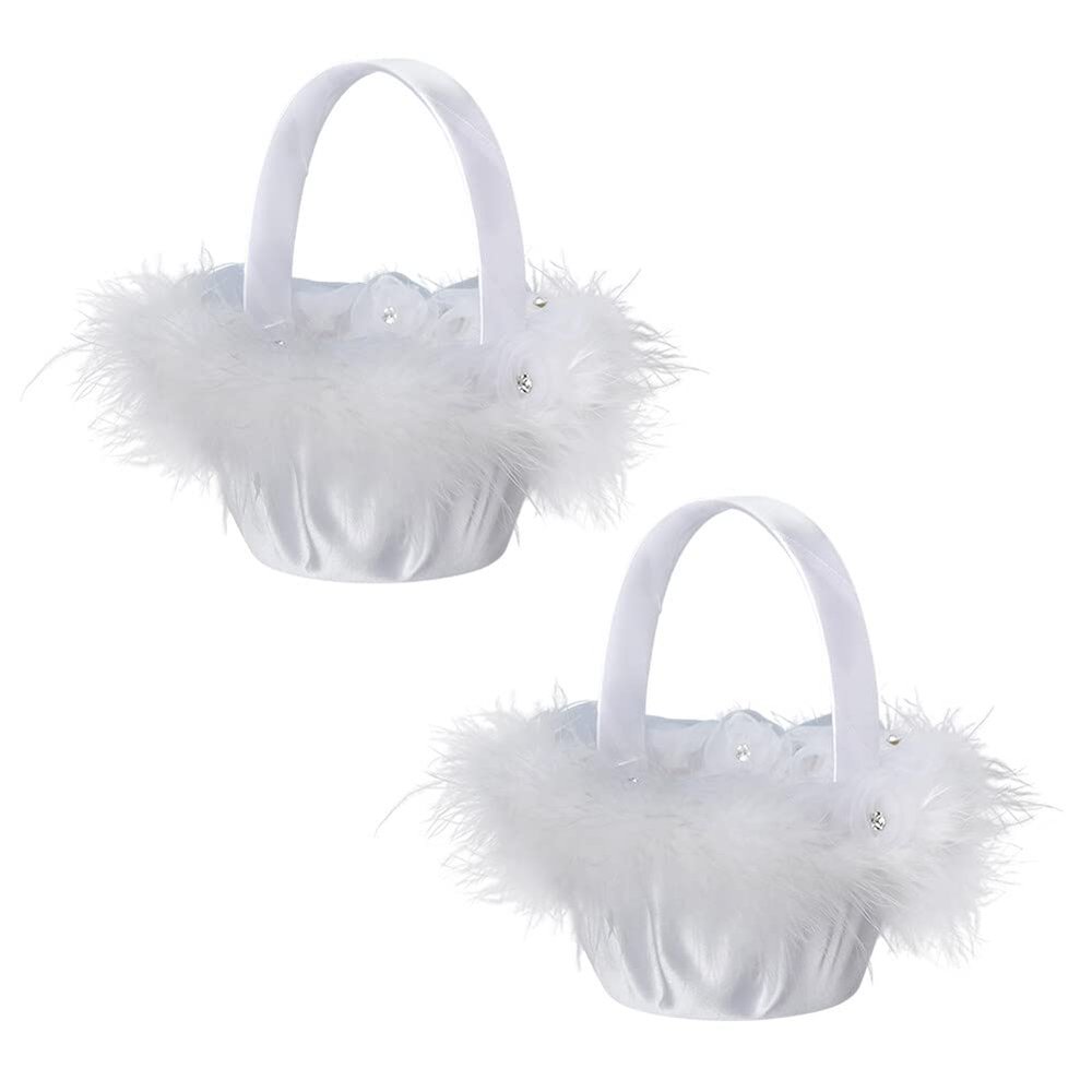 Flower Girl Baskets for Wedding, 2 Pack Wedding Flower Baskets for Girls, White Artificial Pearls Rhinestones Bowkot Lace Wedding Baskets for Flower Girls