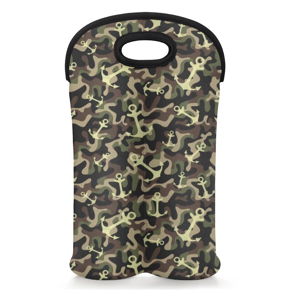 2-Bottle Wine Gift Tote Carrier Camo Mariney Anchor Neoprene Wine Tote Bags Holder Cooler Wine Gift for Women Men