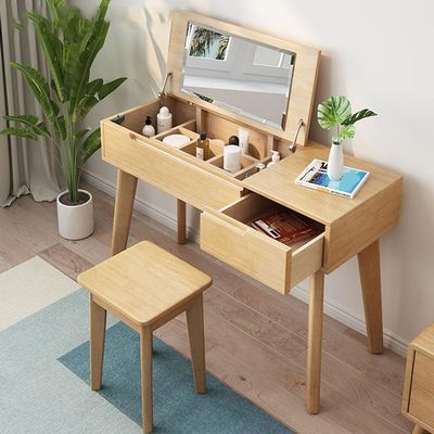 KWOKING Solid Wood Dressing Table Scandinavian Flip-Top Vanity Desk Nordic Multi-Functional Bedroom Small Computer Desk Integrated Flip Type Makeup Table Natural - Makeup Vanity 39" L x 18" W x 30" H
