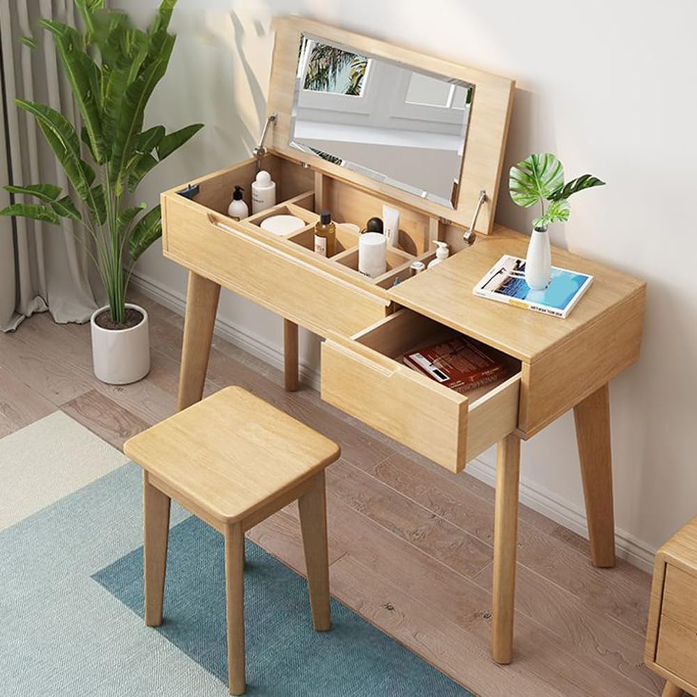KWOKING Solid Wood Dressing Table Scandinavian Flip-Top Vanity Desk Nordic Multi-Functional Bedroom Small Computer Desk Integrated Flip Type Makeup Table Natural - Makeup Vanity 39" L x 18" W x 30" H