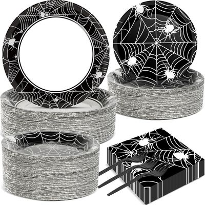 50 Guests Halloween Spider Web Plates and Napkins Party Supplies Spiderweb Party Decorations Disposable Tableware Black and White Halloween Dinnerware Favor for Get Together Celebration, 200PCS