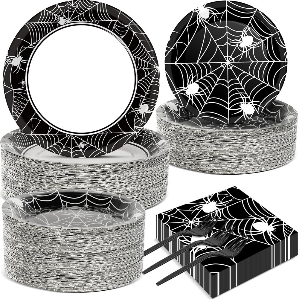 50 Guests Halloween Spider Web Plates and Napkins Party Supplies Spiderweb Party Decorations Disposable Tableware Black and White Halloween Dinnerware Favor for Get Together Celebration, 200PCS