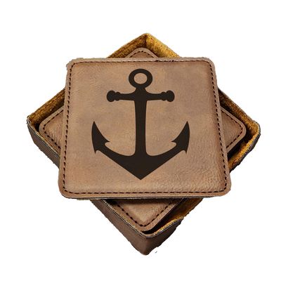 Anchor Nautical Coasters - Handmade Coasters Set of 6 - Engraved Barware Decorations - Leather Bar Decor - Man Cave Father's Day Present