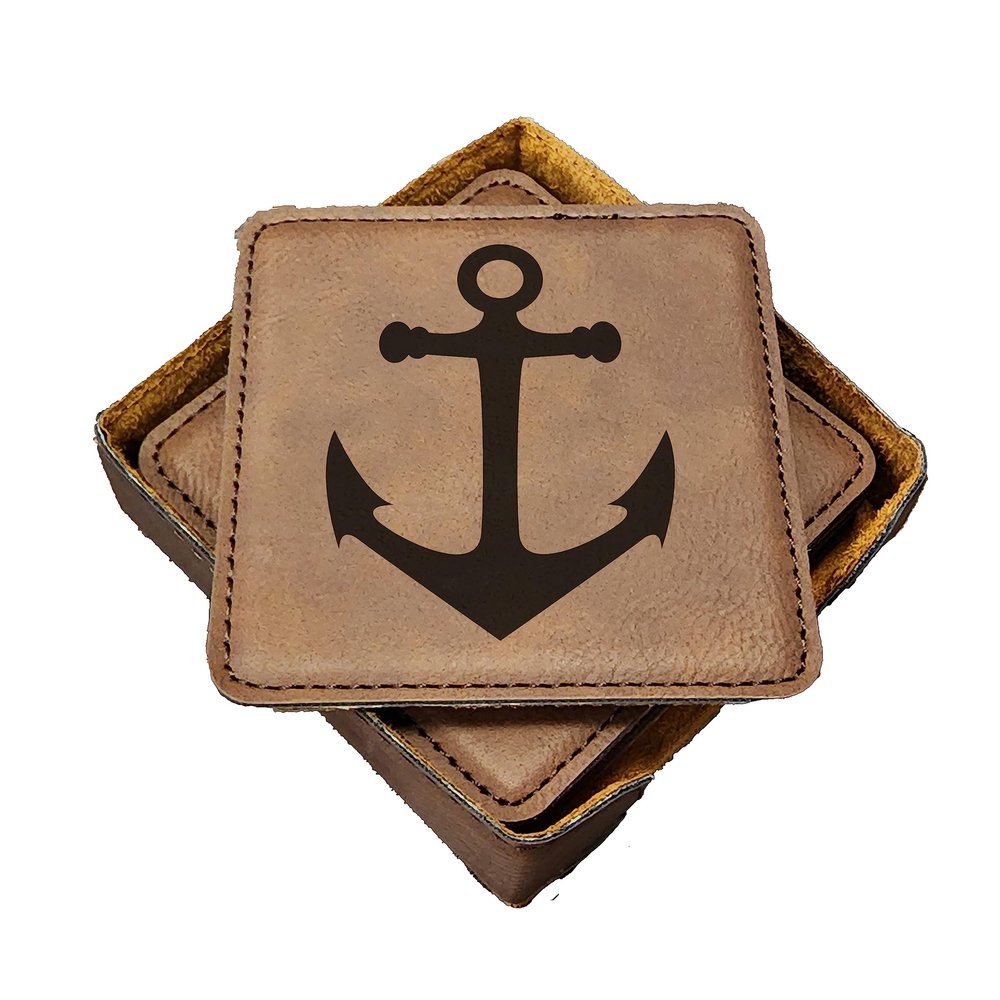 Anchor Nautical Coasters - Handmade Coasters Set of 6 - Engraved Barware Decorations - Leather Bar Decor - Man Cave Father's Day Present