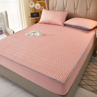 FCLDESHOP Mattress Protector,Solid Color Latex Mattress Protector, Summer Cool Silk Fitted Sheet Pillowcase, Suitable for 12"/30cm Deep Mattress,Dark Pink,180 * 200cm (3pcs)