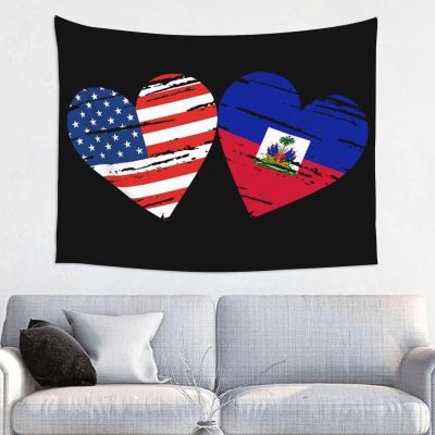 American Haiti Flag Heart Haiti American Tapestry Wall Hanging Tapestries Wall Decorations For Home Dorm Bedroom Living Room Decor (29x37 Inch)