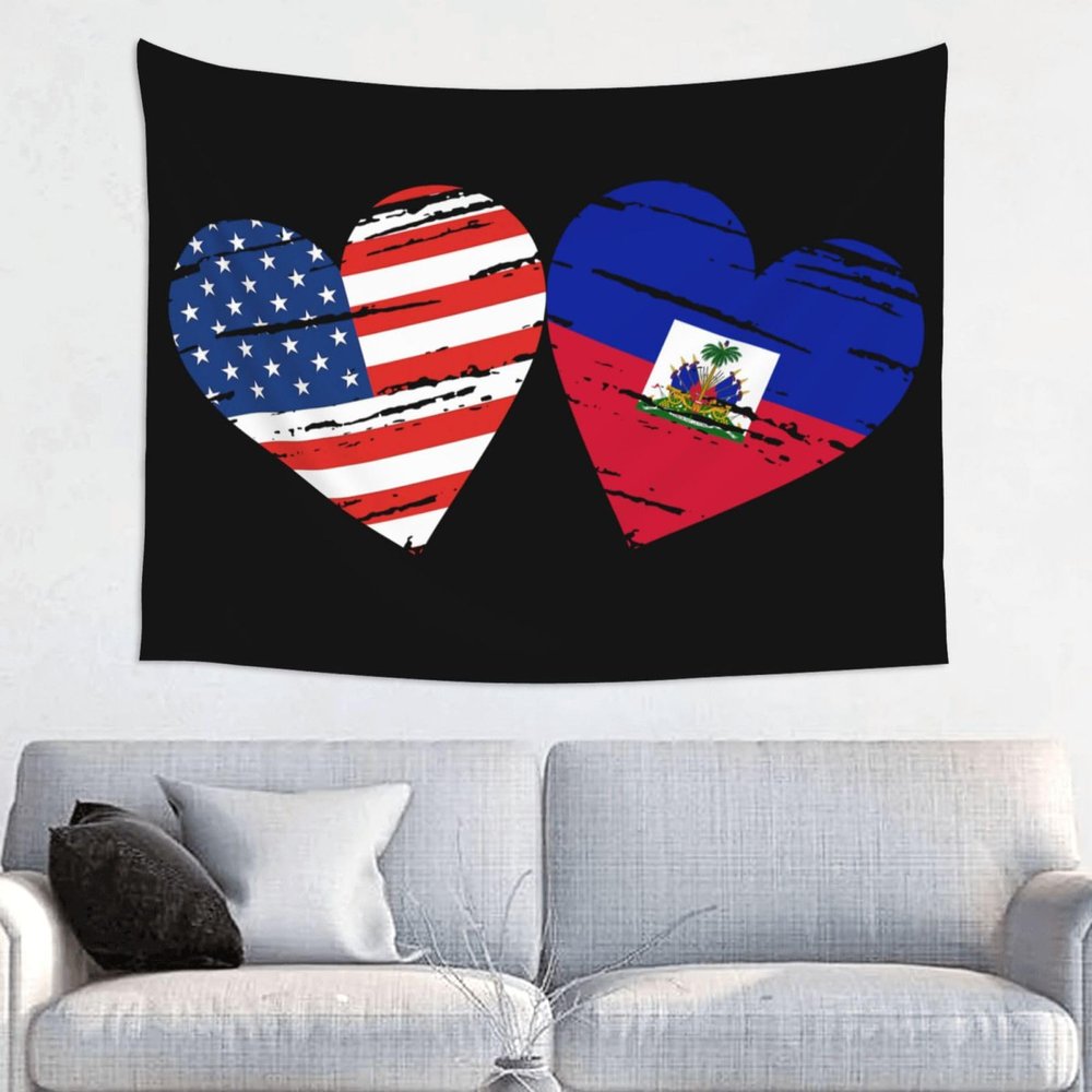 American Haiti Flag Heart Haiti American Tapestry Wall Hanging Tapestries Wall Decorations For Home Dorm Bedroom Living Room Decor (29x37 Inch)