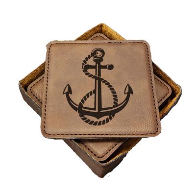 Anchor Nautical Coasters - Handmade Coasters Set of 6 - Engraved Barware Decorations - Leather Bar Decor - Man Cave Father's Day Present