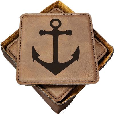 Anchor Coasters, Father's Day Coaster Set, Boater Gift, Present for Boat Owner, Nautical Coasters - Anchor Handmade Coasters Set of 6 - Engraved Barware Decorations - Leather Bar Decor