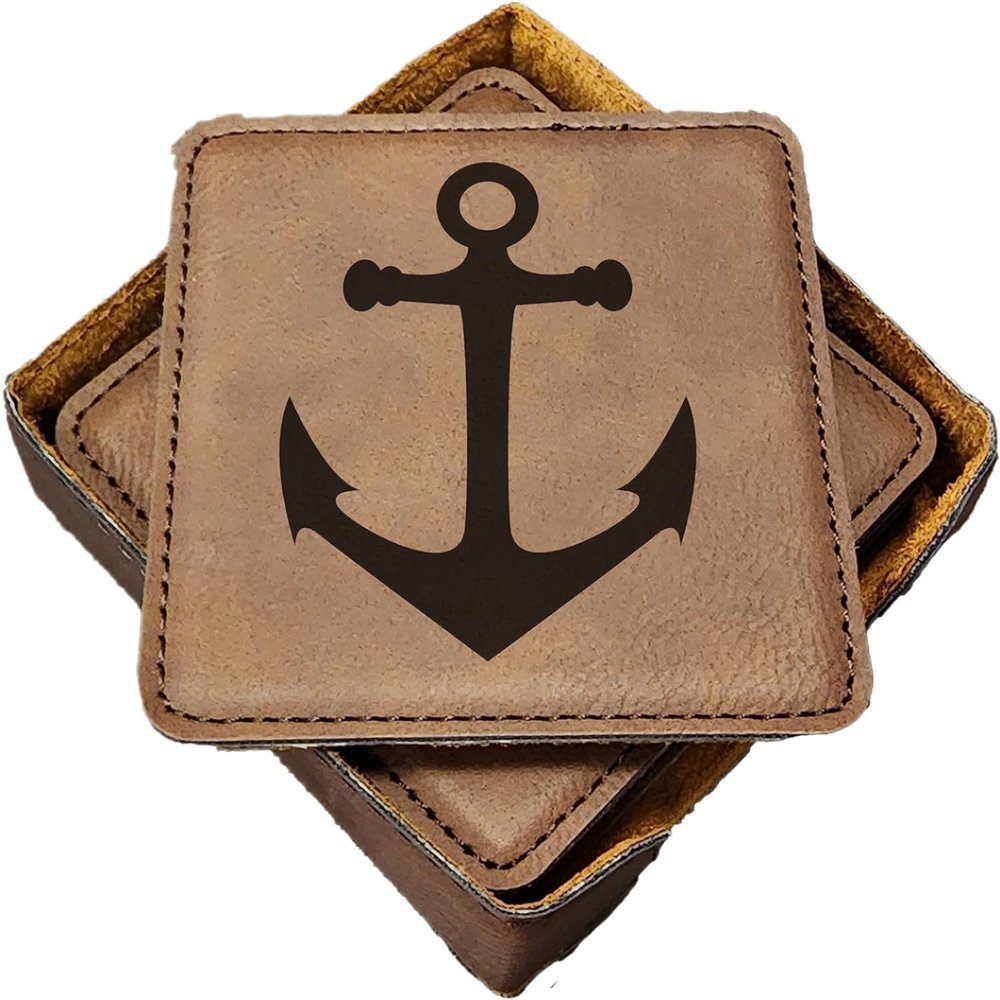 Anchor Coasters, Father's Day Coaster Set, Boater Gift, Present for Boat Owner, Nautical Coasters - Anchor Handmade Coasters Set of 6 - Engraved Barware Decorations - Leather Bar Decor