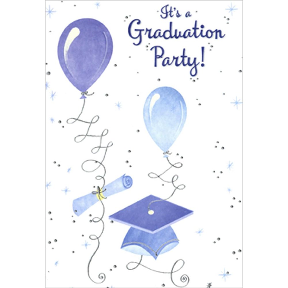 Designer Greetings Blue and Purple Balloons with Silver Foil String, Diploma and Cap Package of 8 Graduation Party Invitations