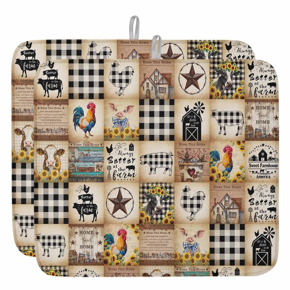 Farmhouse Plaid Dish Drying Mat for Kitchen Counter, Microfiber Rack Pads, Country Animals Vintage Rooster Pig Cow Absorbent Dish Bottle Drying Mat, 18''x24'', 2 Pack