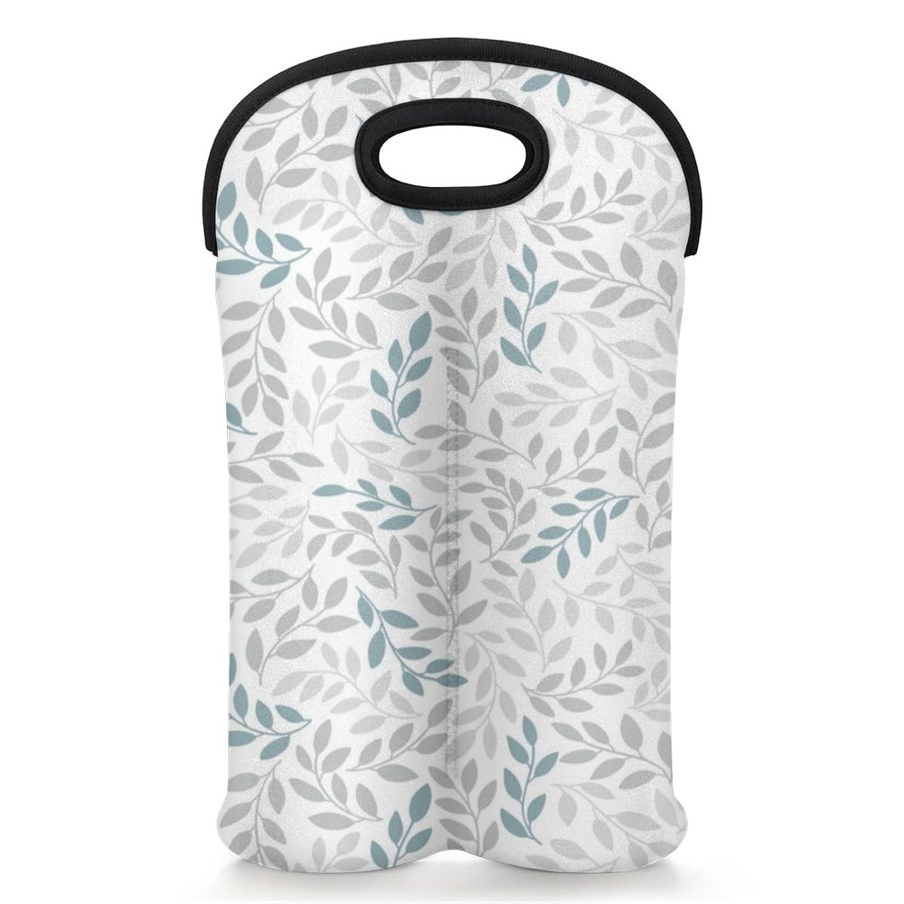 2-Bottle Wine Gift Tote Carrier Grey Leaf Pattern Neoprene Wine Tote Bags Holder Cooler Wine Gift for Women Men