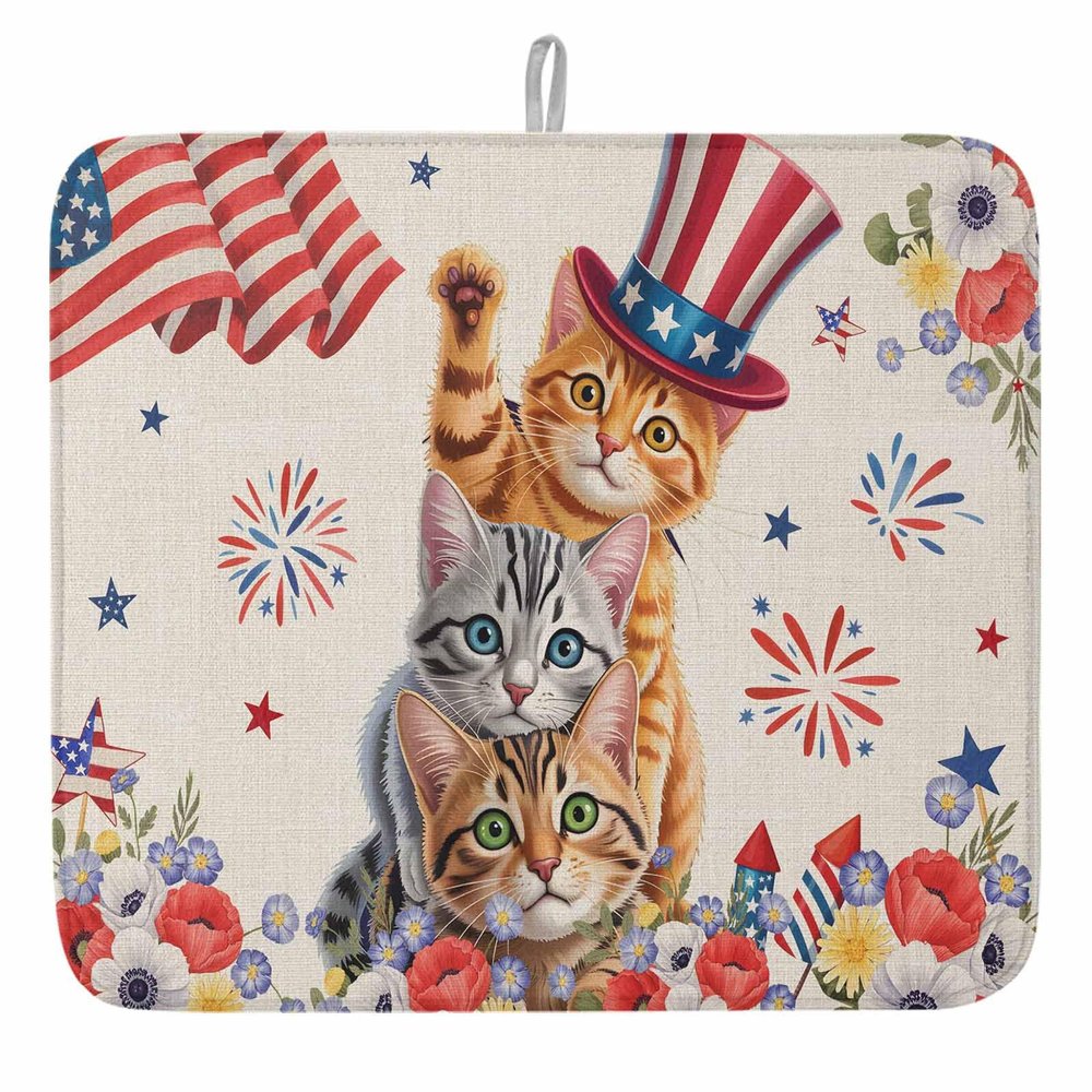 4th of July Cats Dish Drying Mat for Kitchen Counter, Microfiber Rack Pads, Independence Day Floral American Flag Absorbent Dish Bottle Drying Mat, 18''x24'', 1 Pack