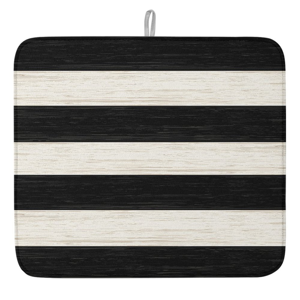 Black and White Dish Drying Mat for Kitchen Counter, Microfiber Rack Pads, Rustic White Black Wood Absorbent Dish Bottle Drying Mat, 16''x18'', 1 Pack