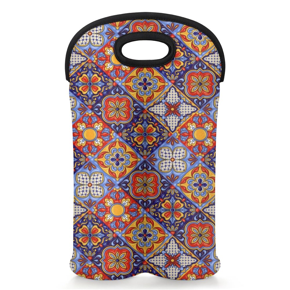 2-Bottle Wine Gift Tote Carrier Mandala Mexican Italian Neoprene Wine Tote Bags Holder Cooler Wine Gift for Women Men