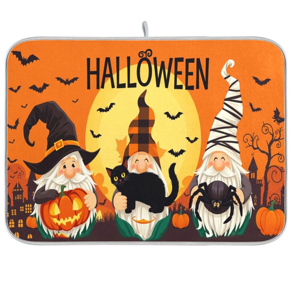 Kcldeci Halloween Pumpkin Gnome Dish Drying Mat, Autumn Fall Absorbent Microfiber Dishes Drainer Mats for Kitchen Counter Large Size,Dish Drying Pad 16x18