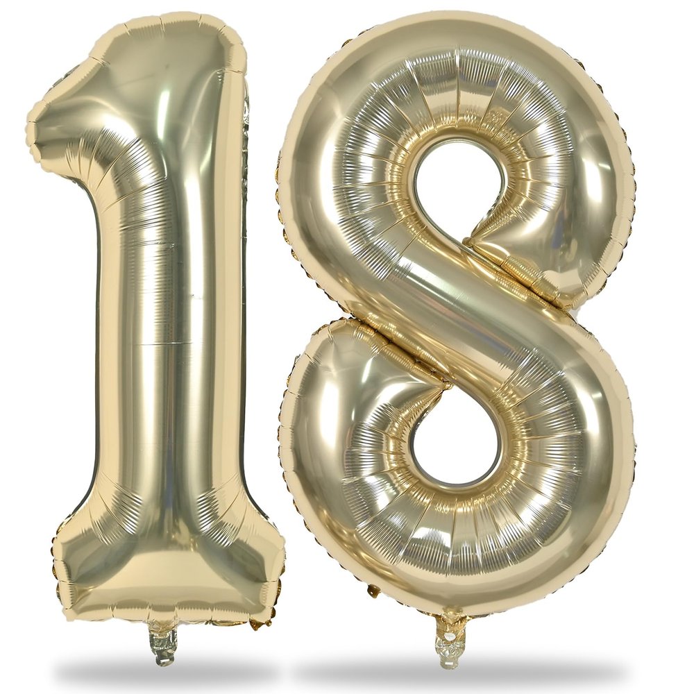 Light Gold Number 18 Birthday Balloons, 40 Inch Large Champagne Gold Foil Number 1 & 8 Balloons for 18 Year Old Boys Girls, Gold 18th Birthday Balloons for Women Men Anniversary Party Decorations