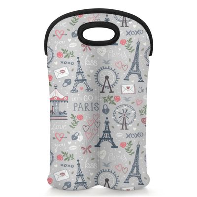 2-Bottle Wine Gift Tote Carrier Paris Theme Neoprene Wine Tote Bags Holder Cooler Wine Gift for Women Men