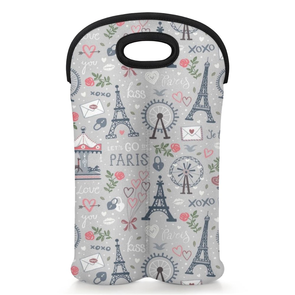 2-Bottle Wine Gift Tote Carrier Paris Theme Neoprene Wine Tote Bags Holder Cooler Wine Gift for Women Men