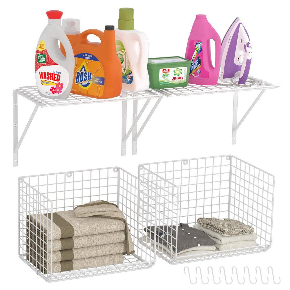 2 Pack Laundry Room Shelves Wall Mounted with Wire Baskets, Over the Washer and Dryer Shelf with Clothes Drying Rack, 8 HooksWire Shelves Baskets for Laundry Closet Organization and Storage, White