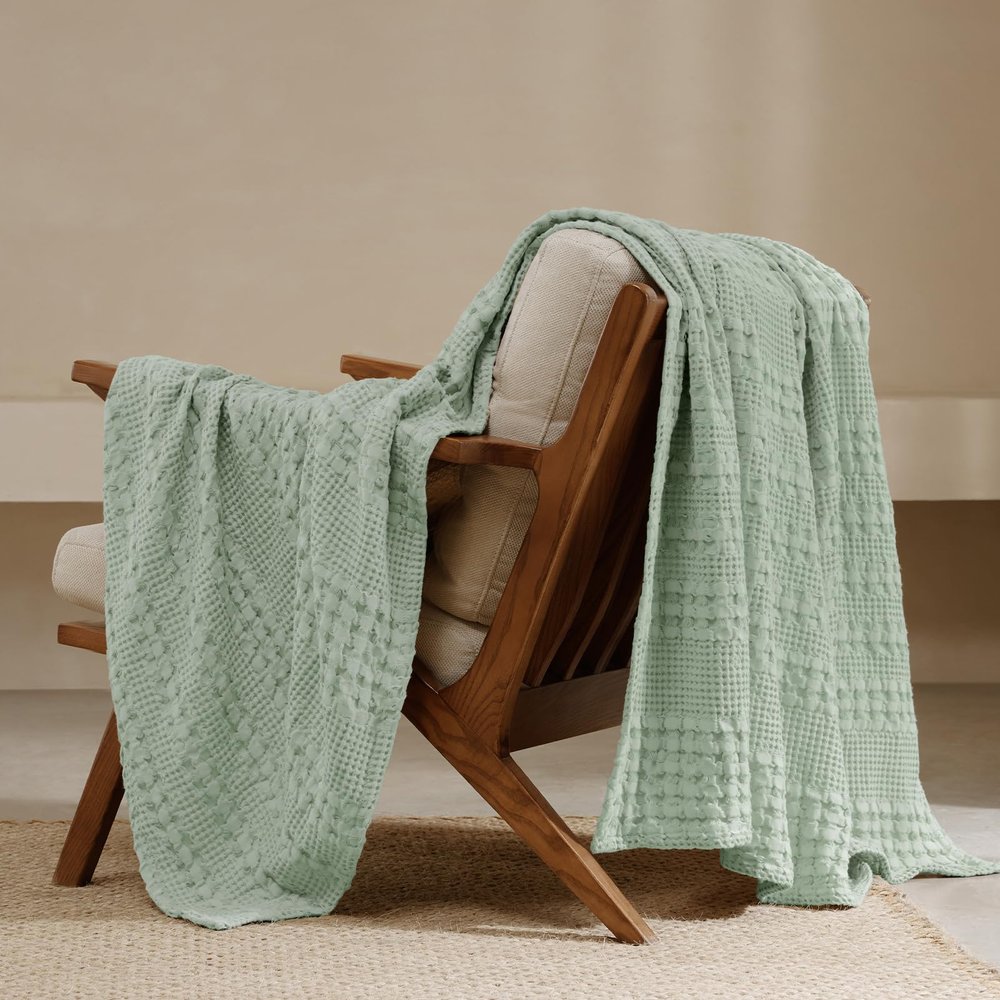 PHF 100% Cotton Waffle Weave Throw Blanket, Soft Lightweight Breathable Cozy Throws for Couch Bed Sofa, Luxury Aesthetic Blanket Gift for Home Decor & Office, 50"x60", Mint Green