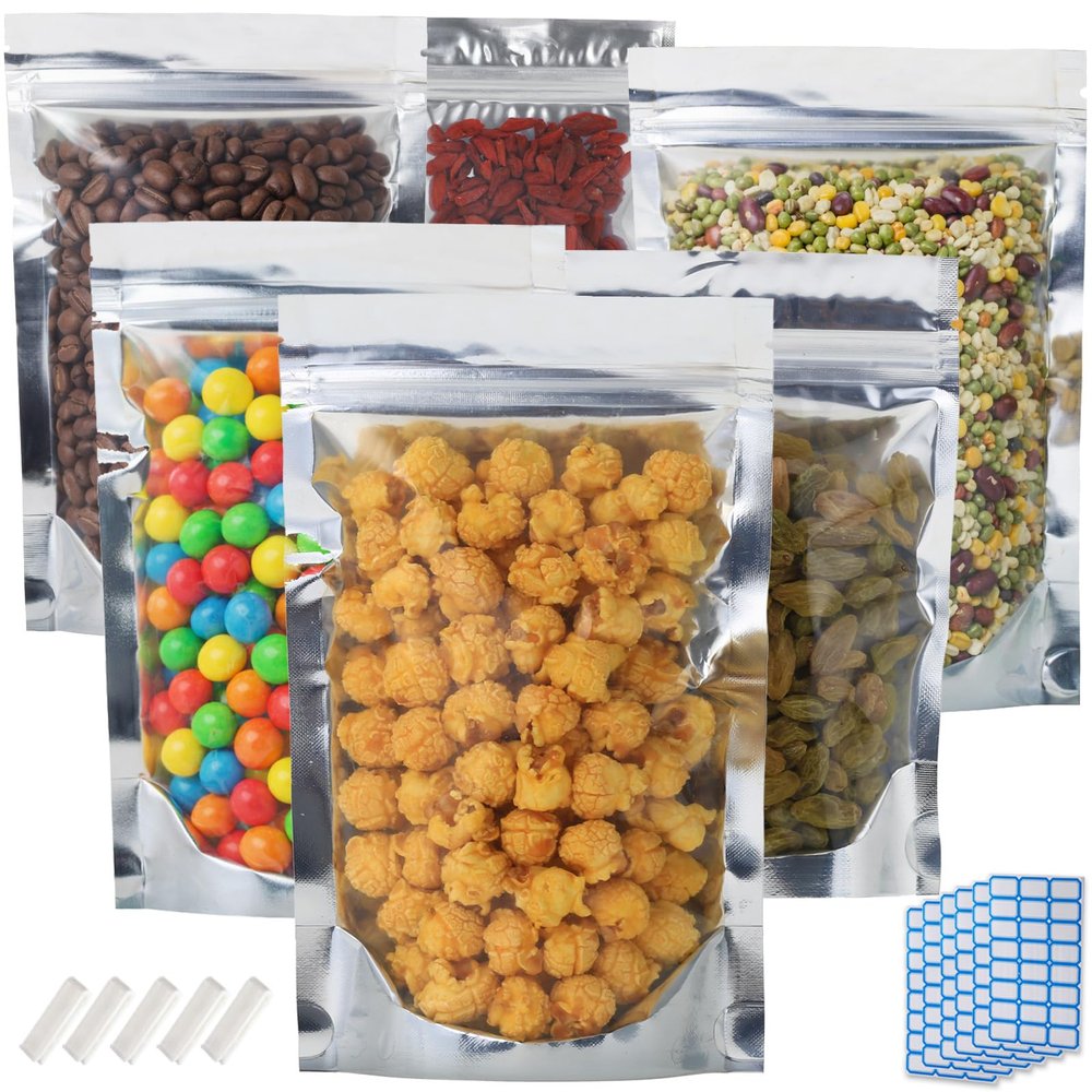 150-Pack 14" x 10" Large Reclosable Mylar Bags for Food Storage Stand Up 1 Gallon Bags Resealable Smell Proof Aluminum Silver Foil Pouches with Clear Window Kitchen Storage Edible Packaging