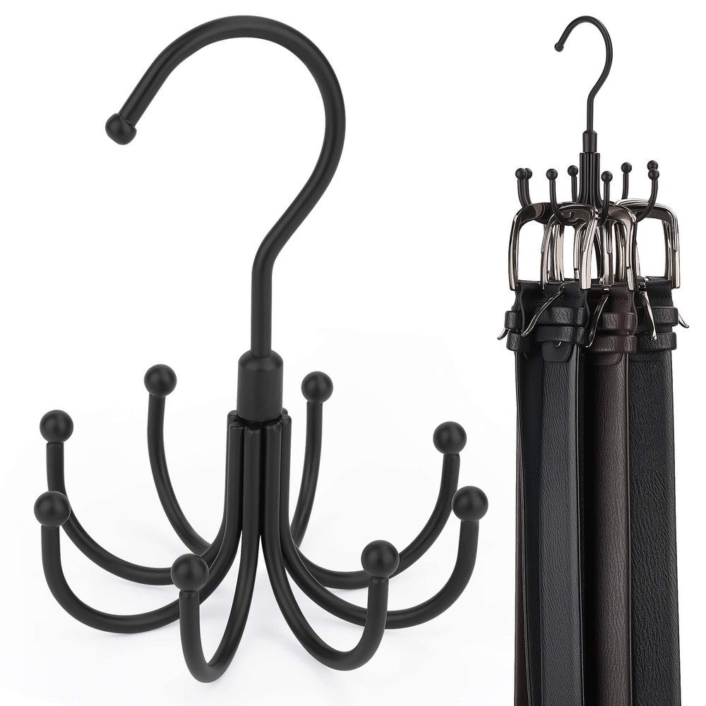 ZEDODIER Belt Hanger, 4 Pack Rotatable Belt Rack Closet Accessories Organizer, Maximum 24 Storage Capacity, Hanging Holder Storage Hook for Belt, Bra, Tank Top, Tie, Scarf, Purse, Black