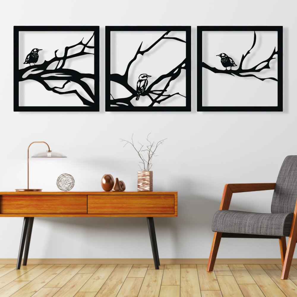 Fayholy Tree Branch Bird Metal Wall Art, Birds on Branch Metal Wall Decor, Tree Branches Wall Art for Living Room, Bedroom(Black,35''x12'' | 90x30cm)