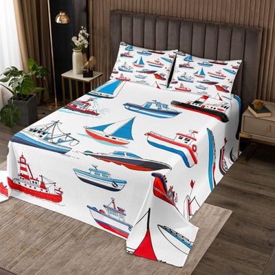 Nautical Ships Sailboats Bedspread Queen Size,Ocean Adventure Theme Bedding Set,Kids Boys Teens Bedroom Decor,Colorful Sea Transport Boats Comforter Set White Microfiber Coverlet Quilt 3Pcs