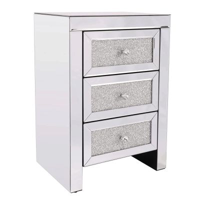 POCHY Beautiful Nightstand Nightstand Crystal Diamond Mirror Bedside Table with 3 Drawers Bedside Cabinet Simple Silver Bedroom Bedside Dresser Save Space